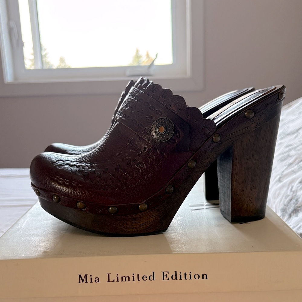MIA Women's Dark Brown Leather Studded Wooden Clogs